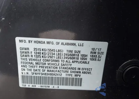 2017 Honda Pilot Ex-L z USA, uszkodzony, nr VIN 5FNYF5H83HB042412